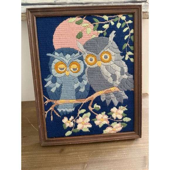 Vintage Framed Crewel Framed Owls Moon Halloween Needlecraft - Picture 2 of 4